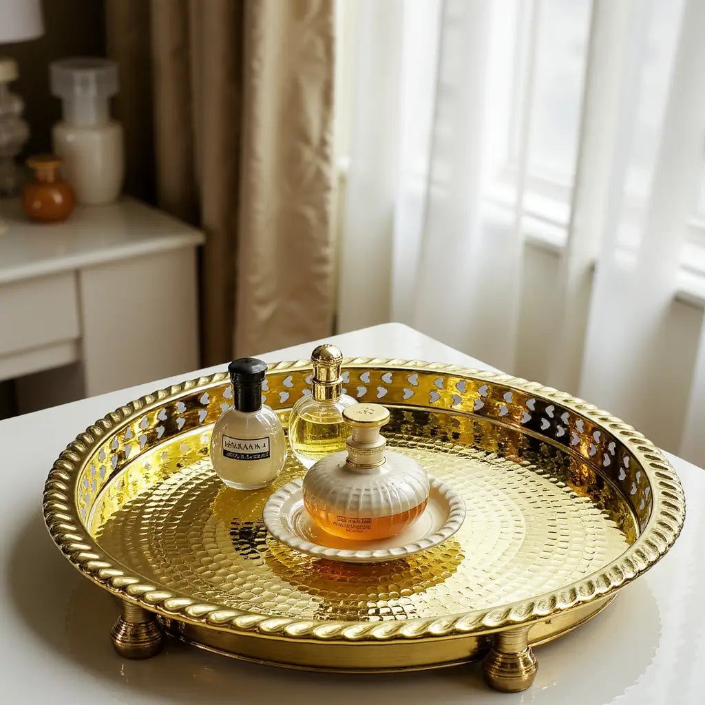 Hand Hammered Circle Tray with Feet – Traditional Silver-Plated Brass image 10