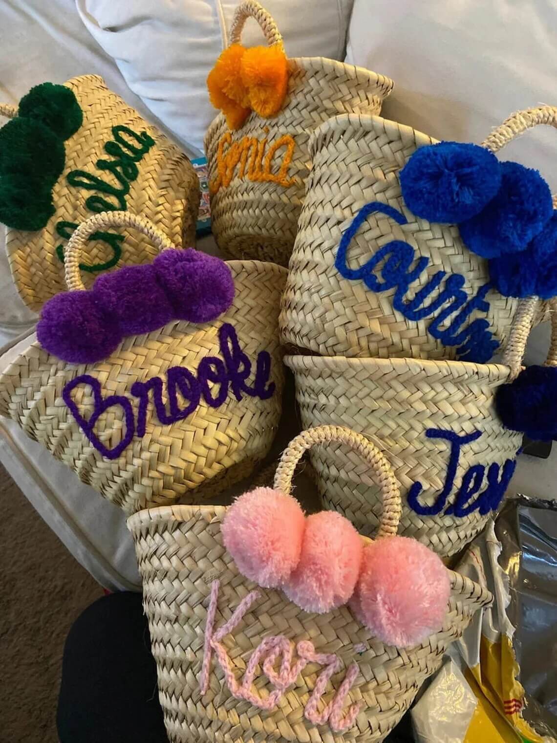 Personalized Mini Straw Bag Set – Custom Name Beach Bags with Pom Poms image 6