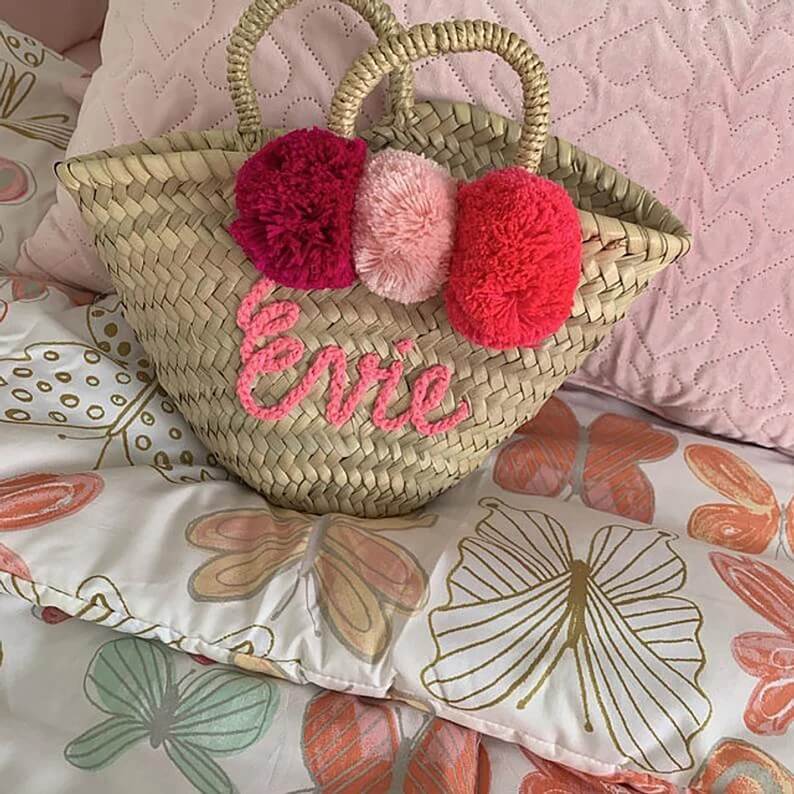 Personalized Mini Straw Bag Set – Custom Name Beach Bags with Pom Poms image 7