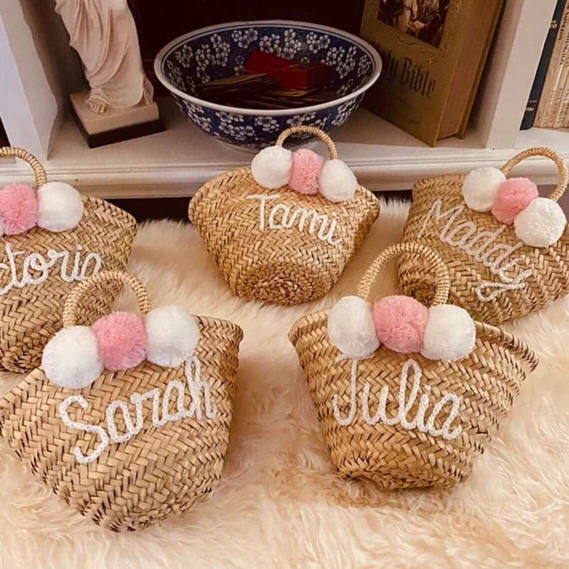 Personalized Mini Straw Bag Set – Custom Name Beach Bags with Pom Poms image 10