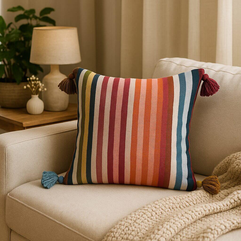 Vibrant Striped Cotton Cushion Covers with Corner Tassels – Set of 2 image 2