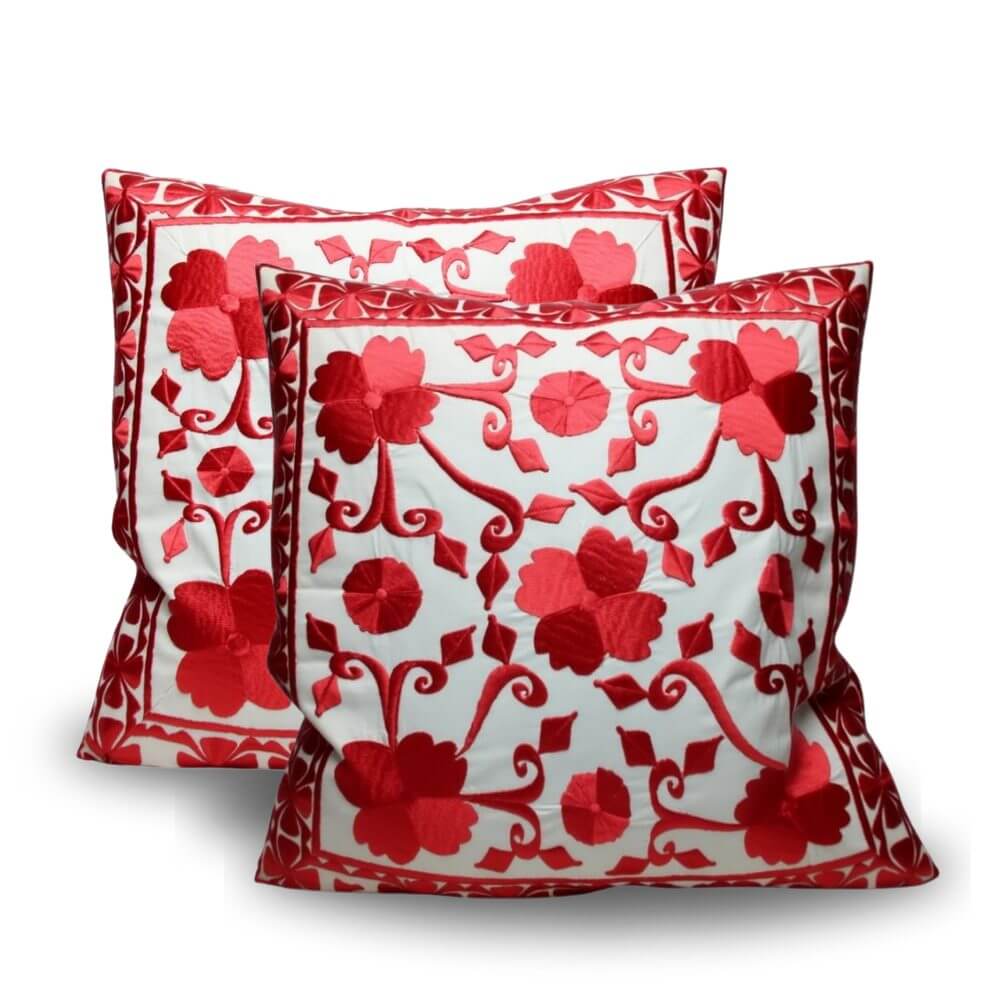 Red Floral Embroidered Cotton Pillow Covers 17.4″ – Suzani Style Set of 2 image