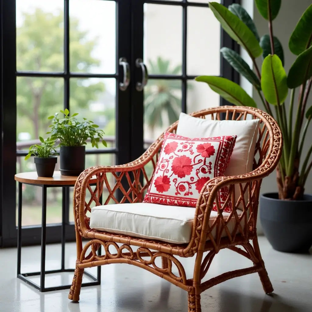 Red Floral Embroidered Cotton Pillow Covers 17.4″ – Suzani Style Set of 2 image 4