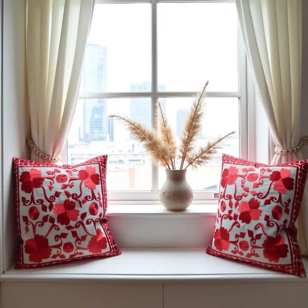 Red Floral Embroidered Cotton Pillow Covers 17.4″ – Suzani Style Set of 2 image