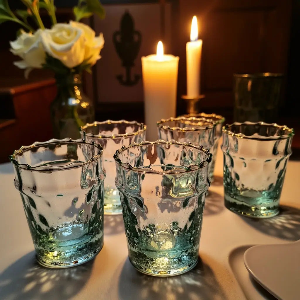 Traditional Handblown Diamond Pattern Tea Glasses – Blue-Green Set of 6 image 5