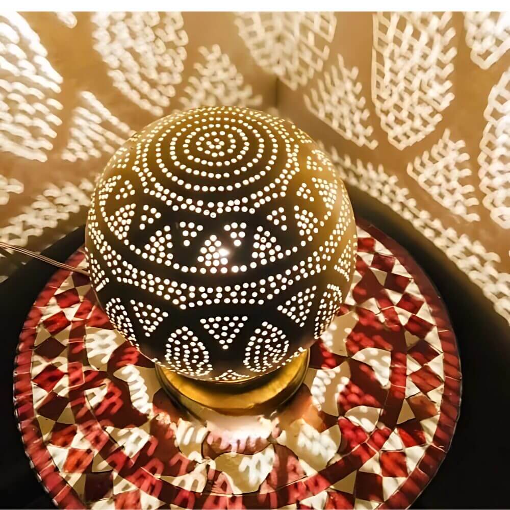 Round Brass Bedside Lamp – Hand-Engraved Brass Globe Light, 9.4″ Height image 4