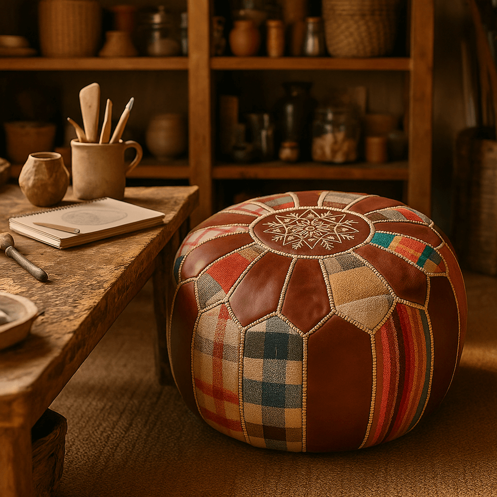Handcrafted Leather Round Ottoman 21″ – Patchwork Floor Pouf image 8