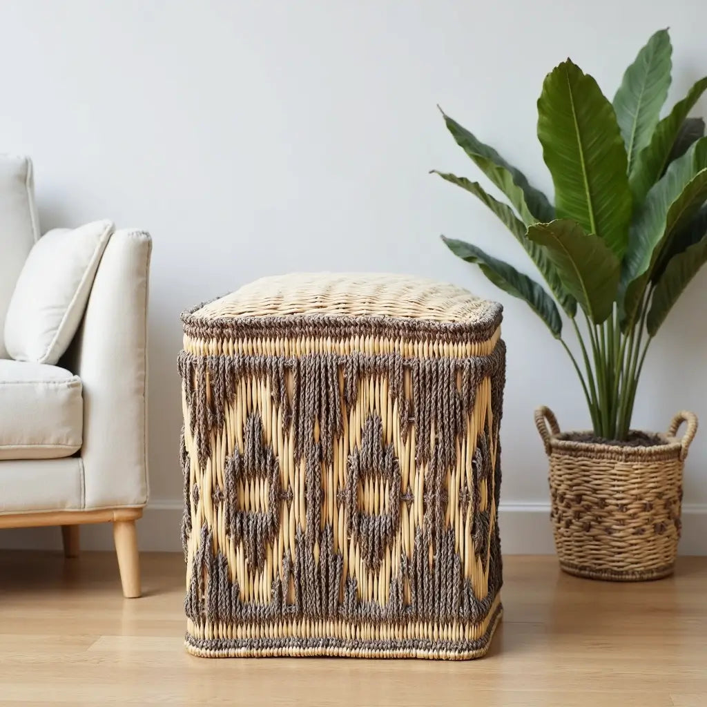 Handwoven Diamond Pattern Straw Floor Pouf – Versatile Natural Fiber Accent image 7