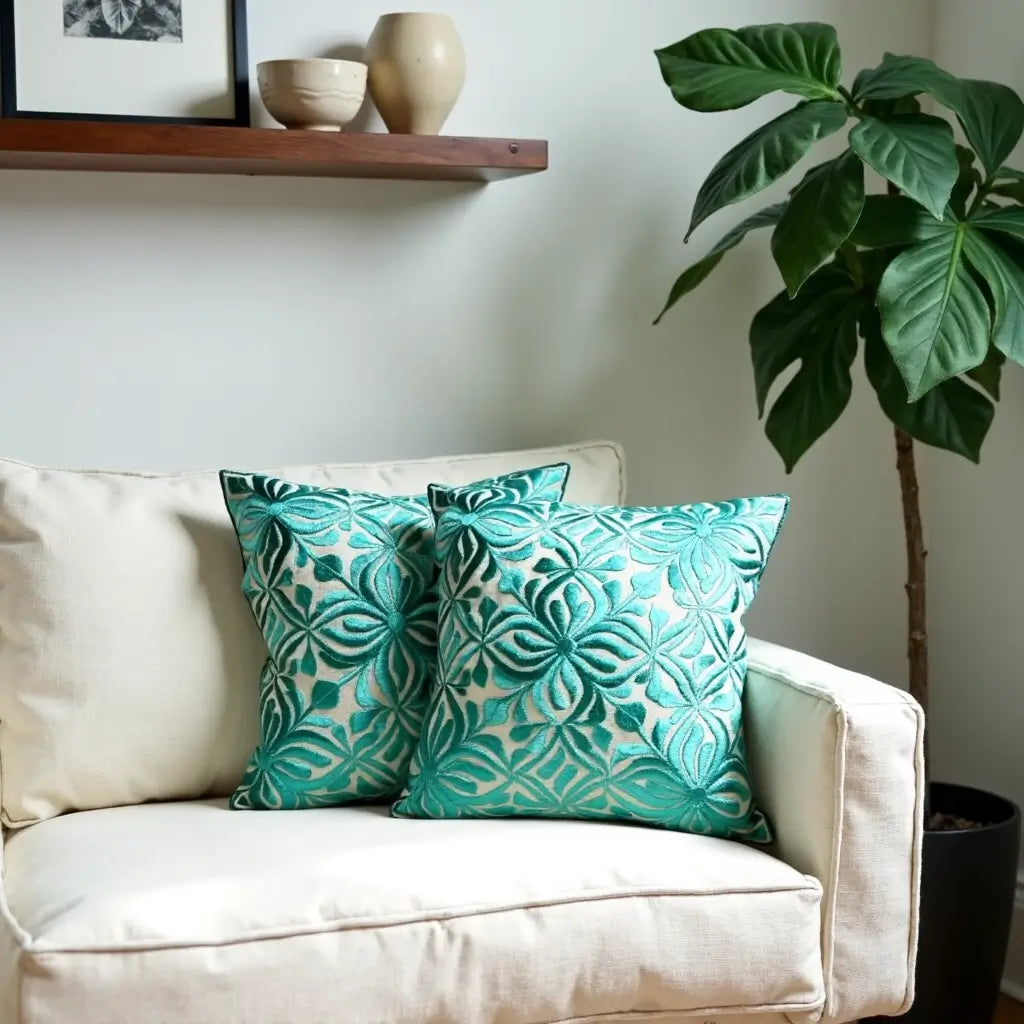 Teal Floral Embroidered Cotton Pillow Covers 17.4″ – Set of 2 image 8