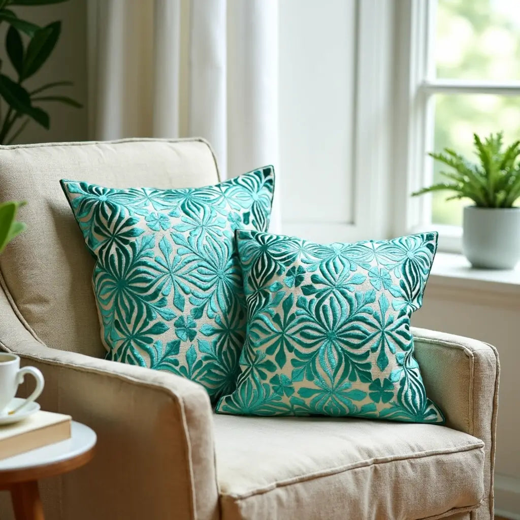 Teal Floral Embroidered Cotton Pillow Covers 17.4″ – Set of 2 image