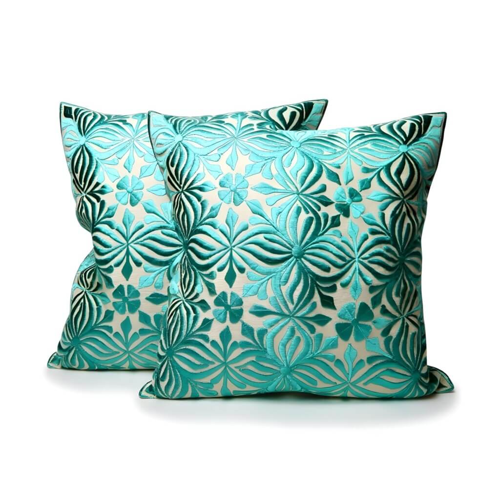 Teal Floral Embroidered Cotton Pillow Covers 17.4″ – Set of 2 image