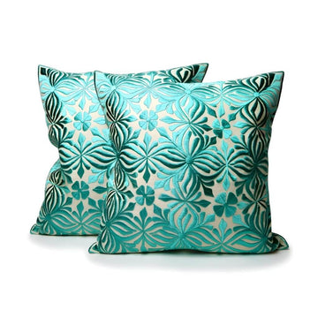 Teal Floral Embroidered Cotton Pillow Covers 17.4″ – Set of 2 image