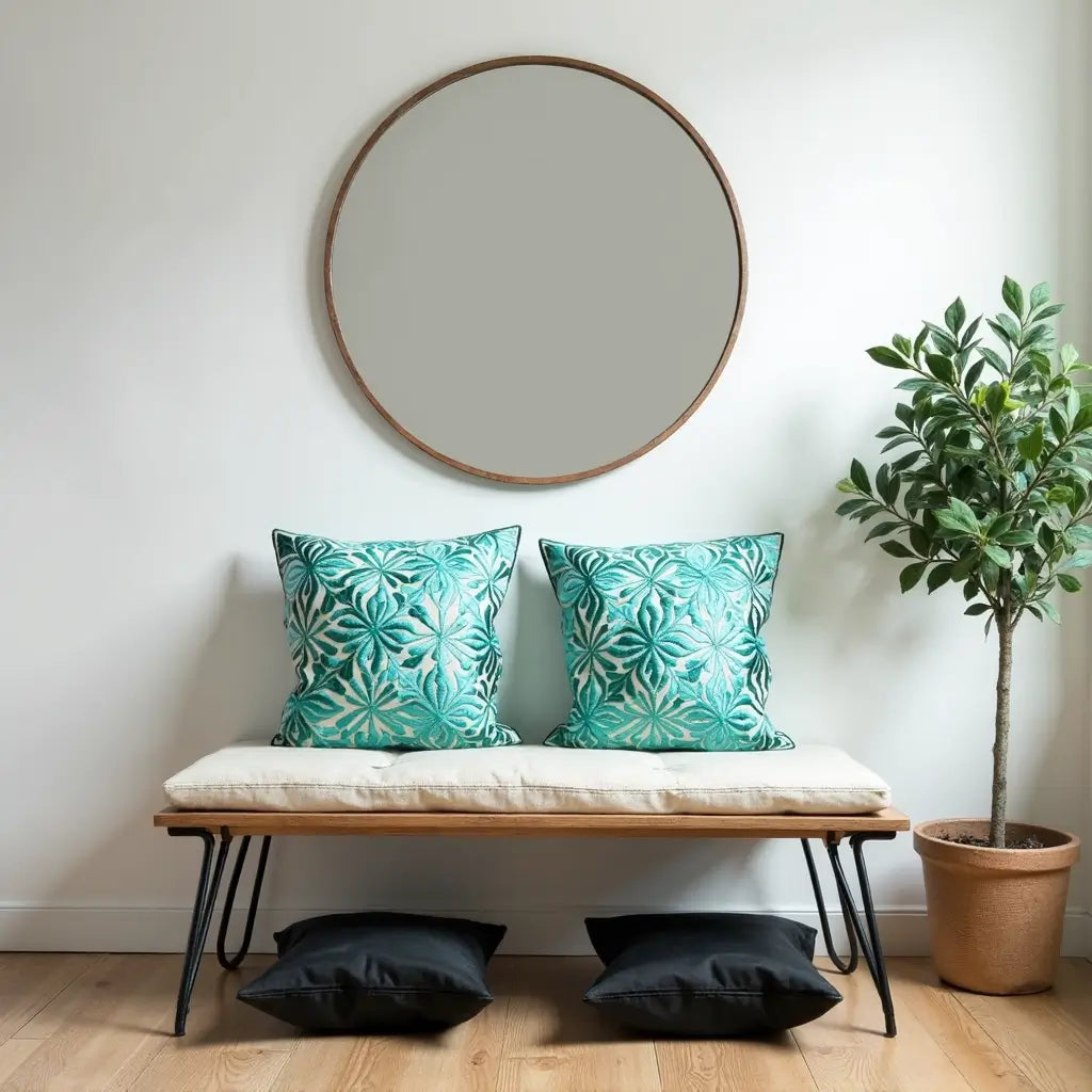 Teal Floral Embroidered Cotton Pillow Covers 17.4″ – Set of 2 image 3