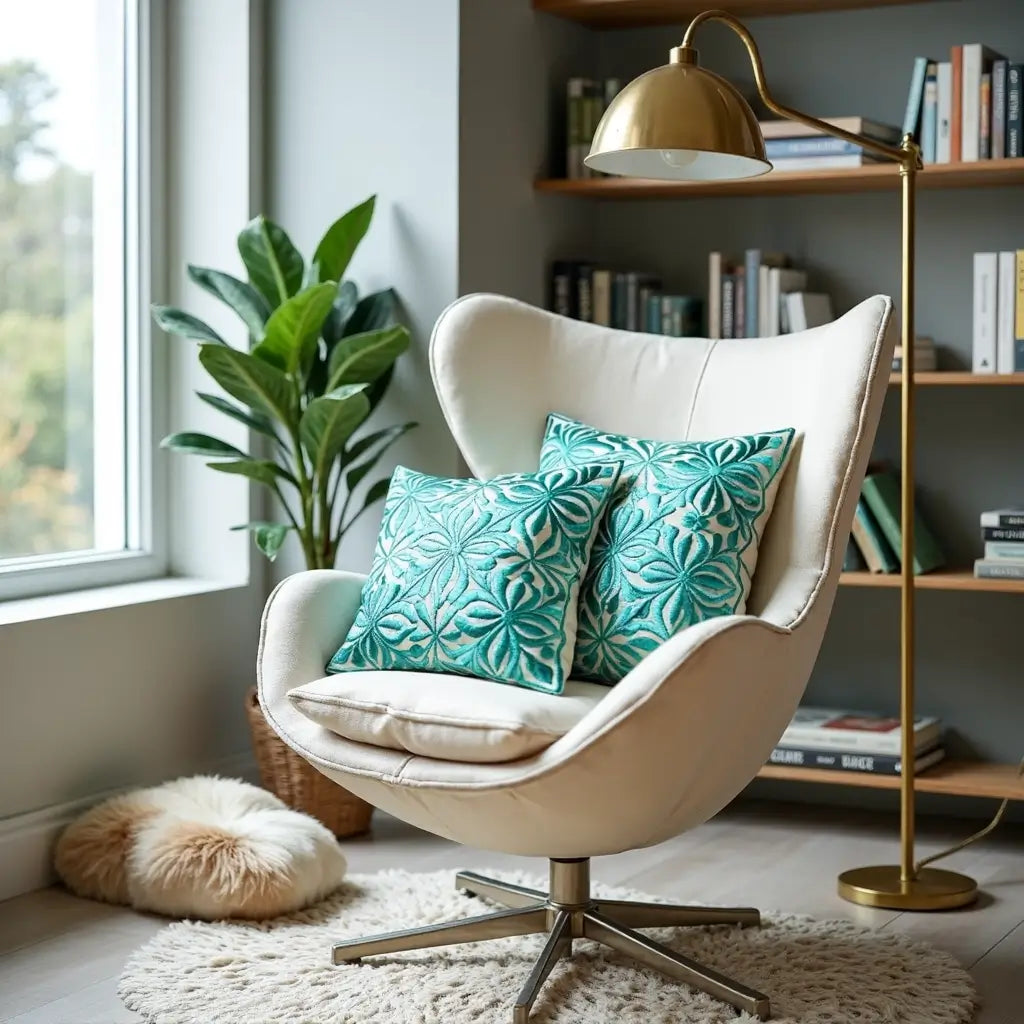 Teal Floral Embroidered Cotton Pillow Covers 17.4″ – Set of 2 image 4