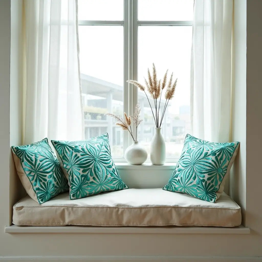 Teal Floral Embroidered Cotton Pillow Covers 17.4″ – Set of 2 image 5