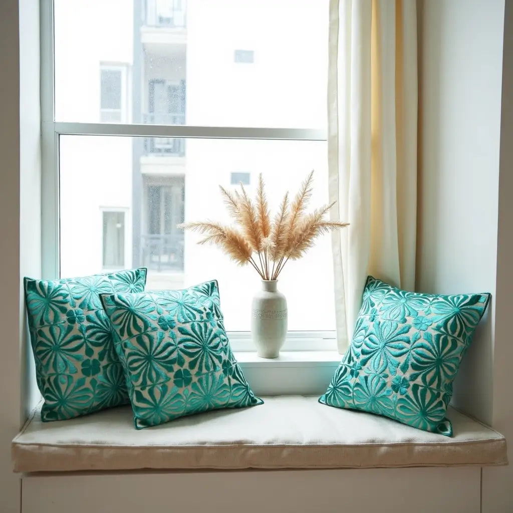 Teal Floral Embroidered Cotton Pillow Covers 17.4″ – Set of 2 image 6