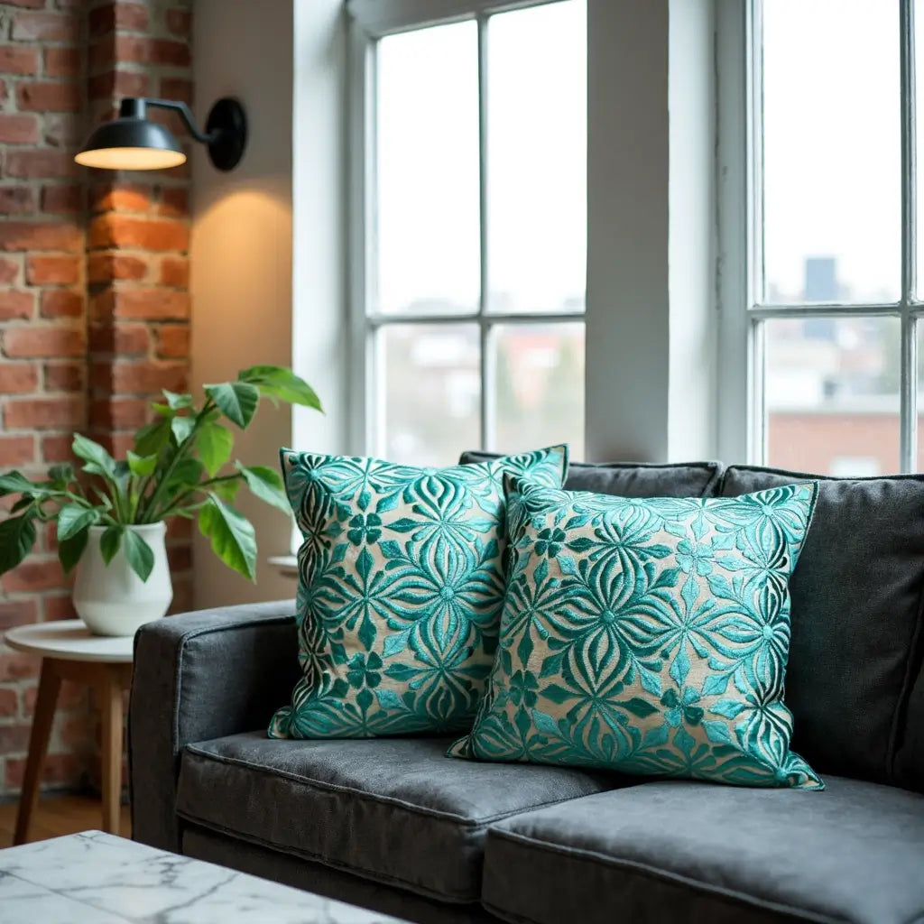 Teal Floral Embroidered Cotton Pillow Covers 17.4″ – Set of 2 image 7