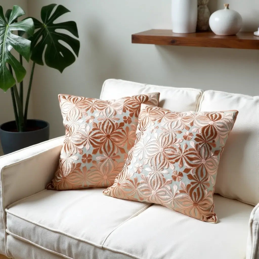 Embroidered Cotton Silk Pillow Covers 18×18 – Floral Decorative Set of 2 image 9