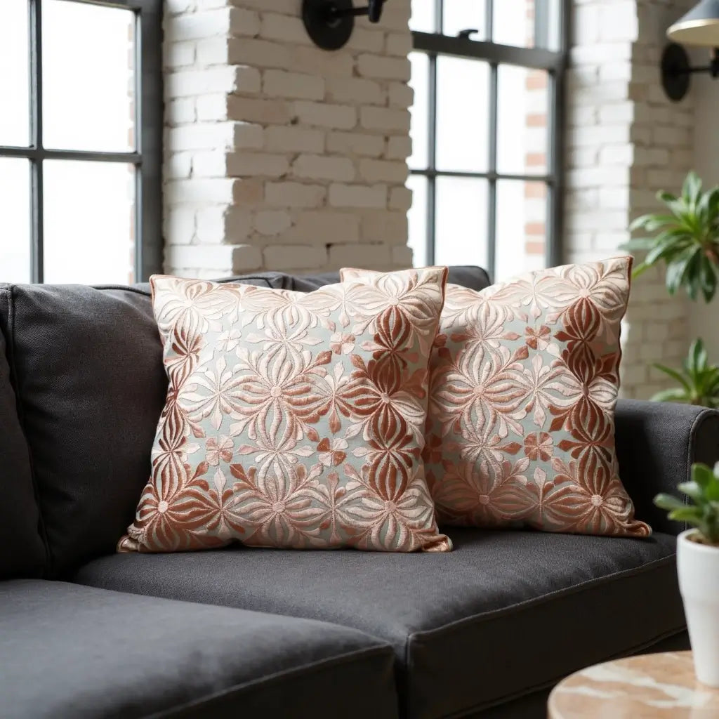 Embroidered Cotton Silk Pillow Covers 18×18 – Floral Decorative Set of 2 image