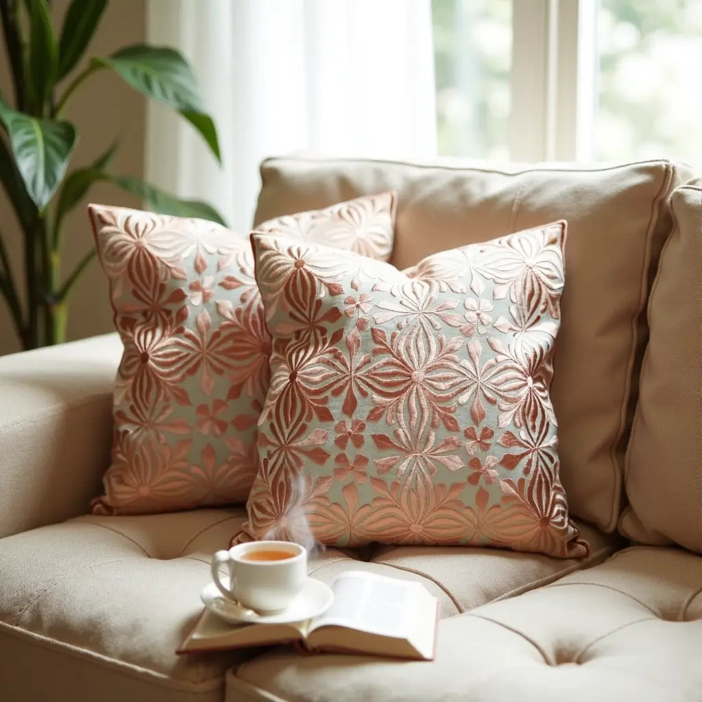 Embroidered Cotton Silk Pillow Covers 18×18 – Floral Decorative Set of 2 image 8