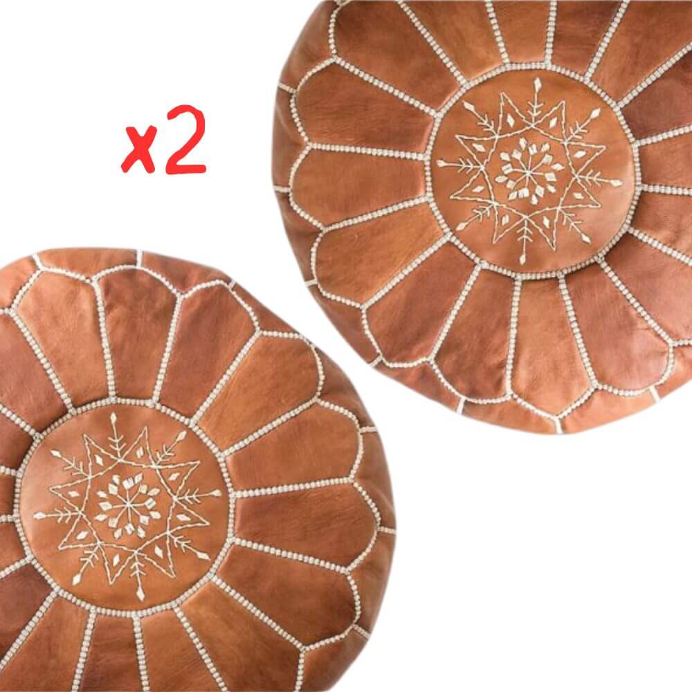 Set of 2 Tan Leather Round Ottomans 21″ – Handcrafted Floor Poufs image