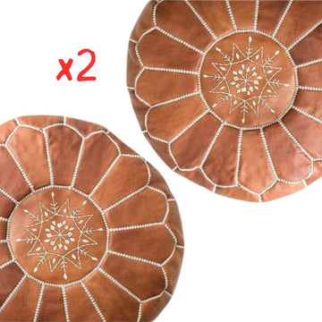 Set of 2 Tan Leather Round Ottomans 21″ – Handcrafted Floor Poufs image