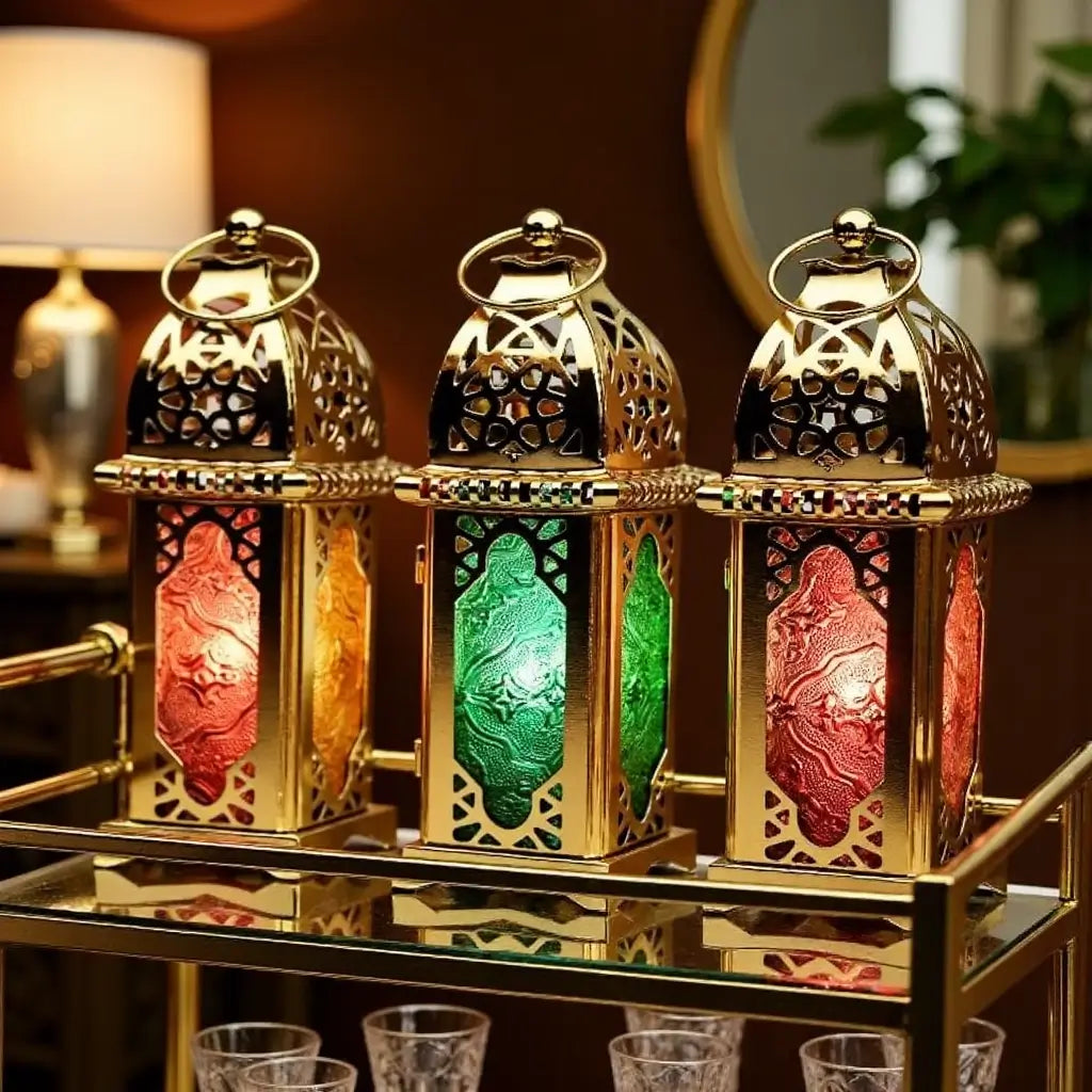 Engraved Brass Lantern Candle Holders – Set of 3 with Jewel-Tone Glass image 8