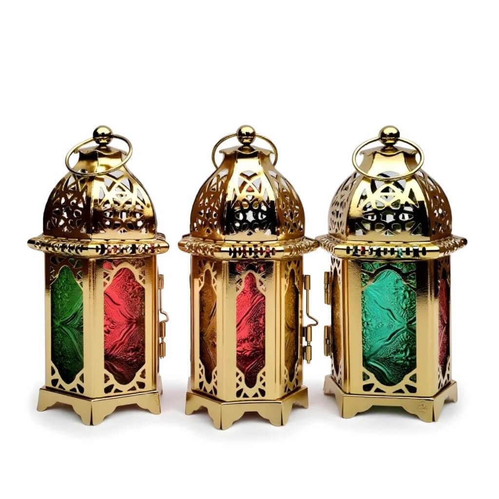 Engraved Brass Lantern Candle Holders – Set of 3 with Jewel-Tone Glass image