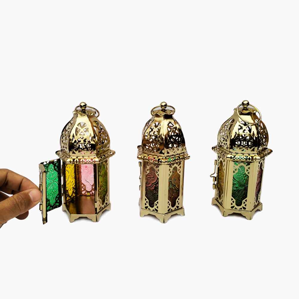 Engraved Brass Lantern Candle Holders – Set of 3 with Jewel-Tone Glass image 12