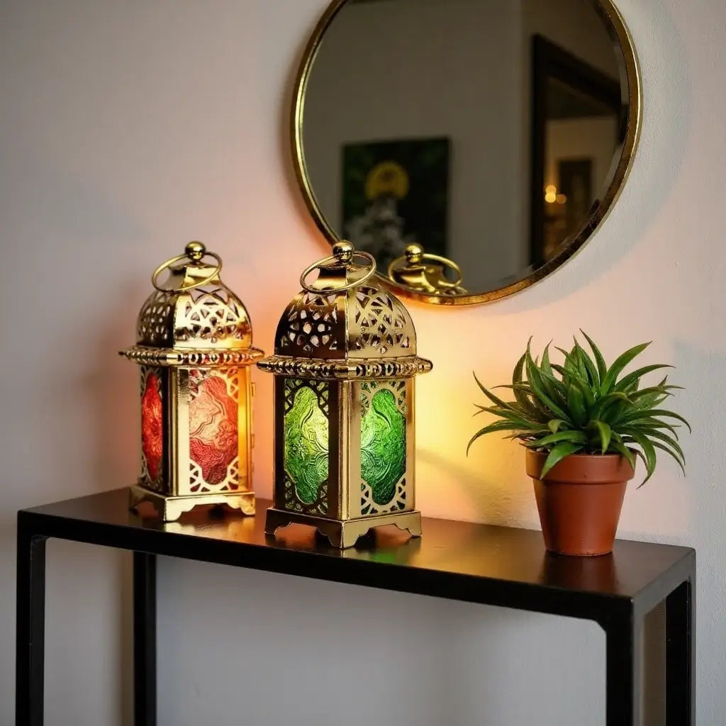 Engraved Brass Lantern Candle Holders – Set of 3 with Jewel-Tone Glass image 2