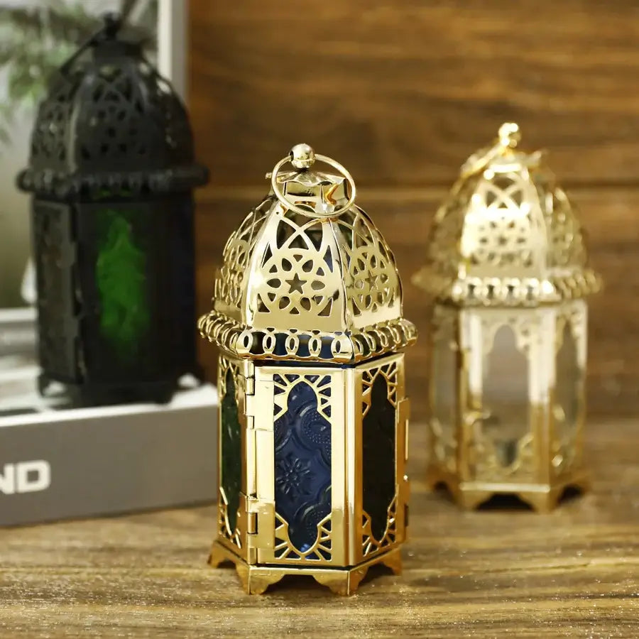 Engraved Brass Lantern Candle Holders – Set of 3 with Jewel-Tone Glass image 9