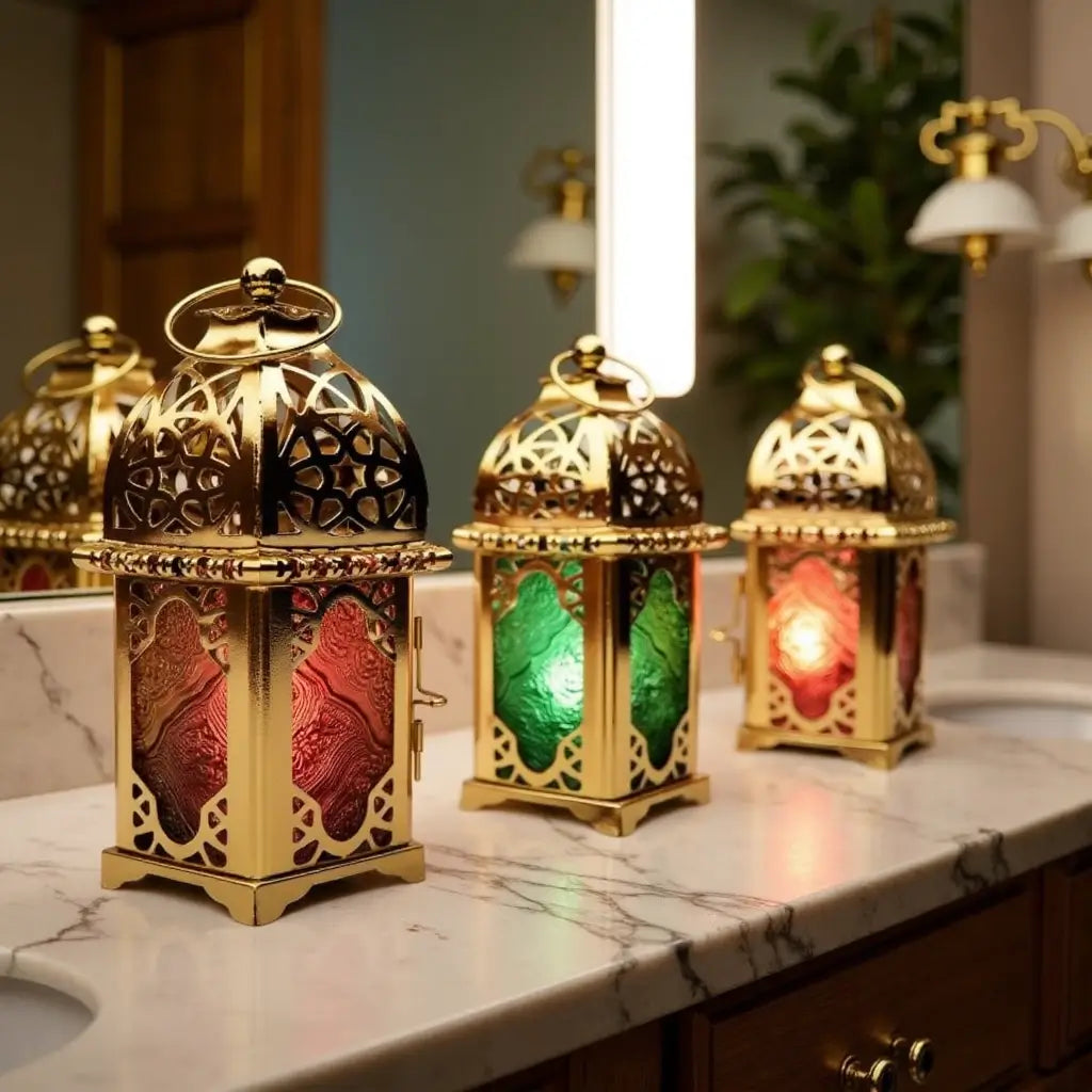 Engraved Brass Lantern Candle Holders – Set of 3 with Jewel-Tone Glass image 3