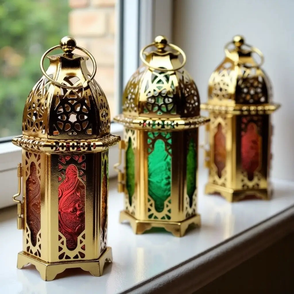 Engraved Brass Lantern Candle Holders – Set of 3 with Jewel-Tone Glass image 4