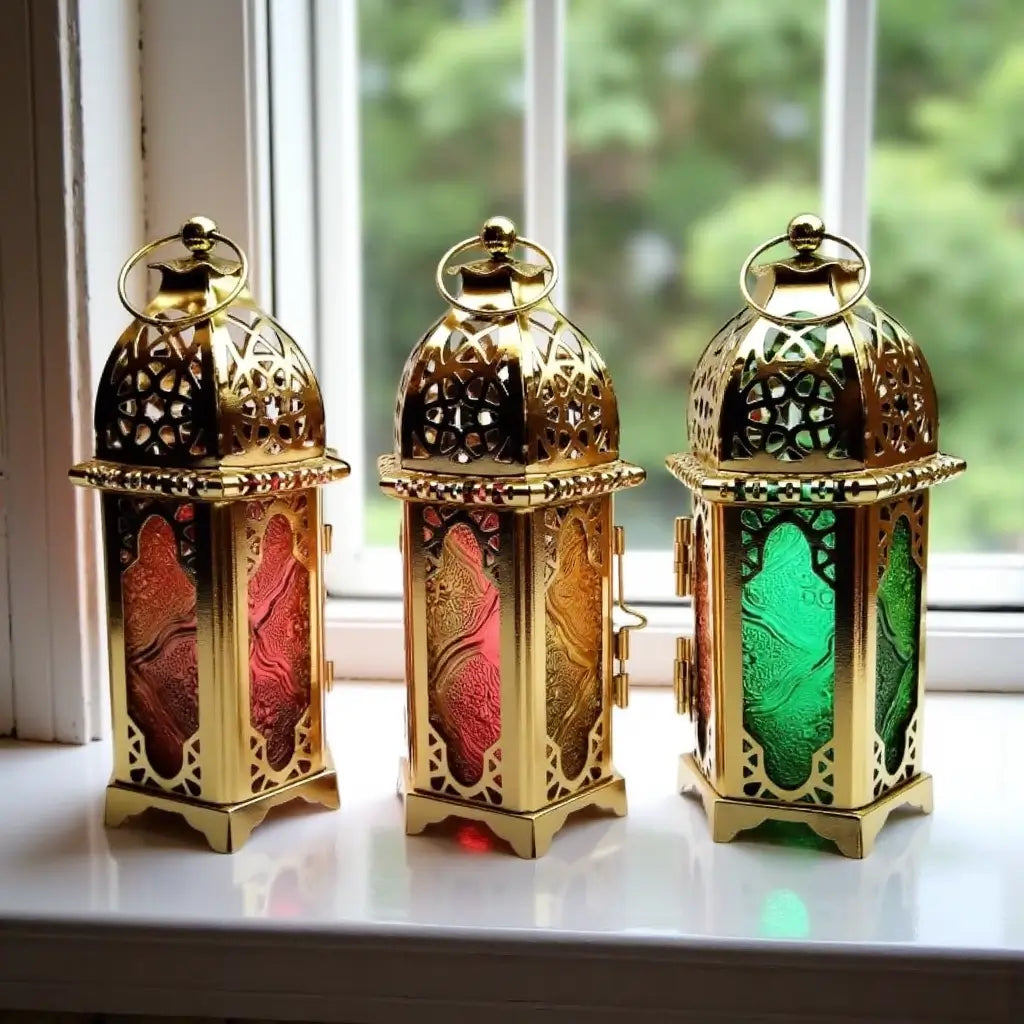 Engraved Brass Lantern Candle Holders – Set of 3 with Jewel-Tone Glass image 5