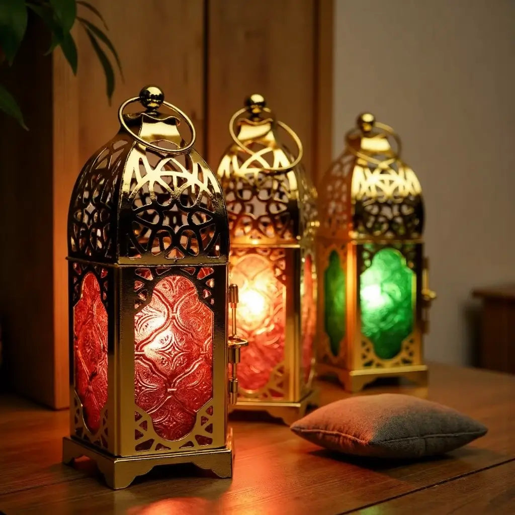 Engraved Brass Lantern Candle Holders – Set of 3 with Jewel-Tone Glass image 6