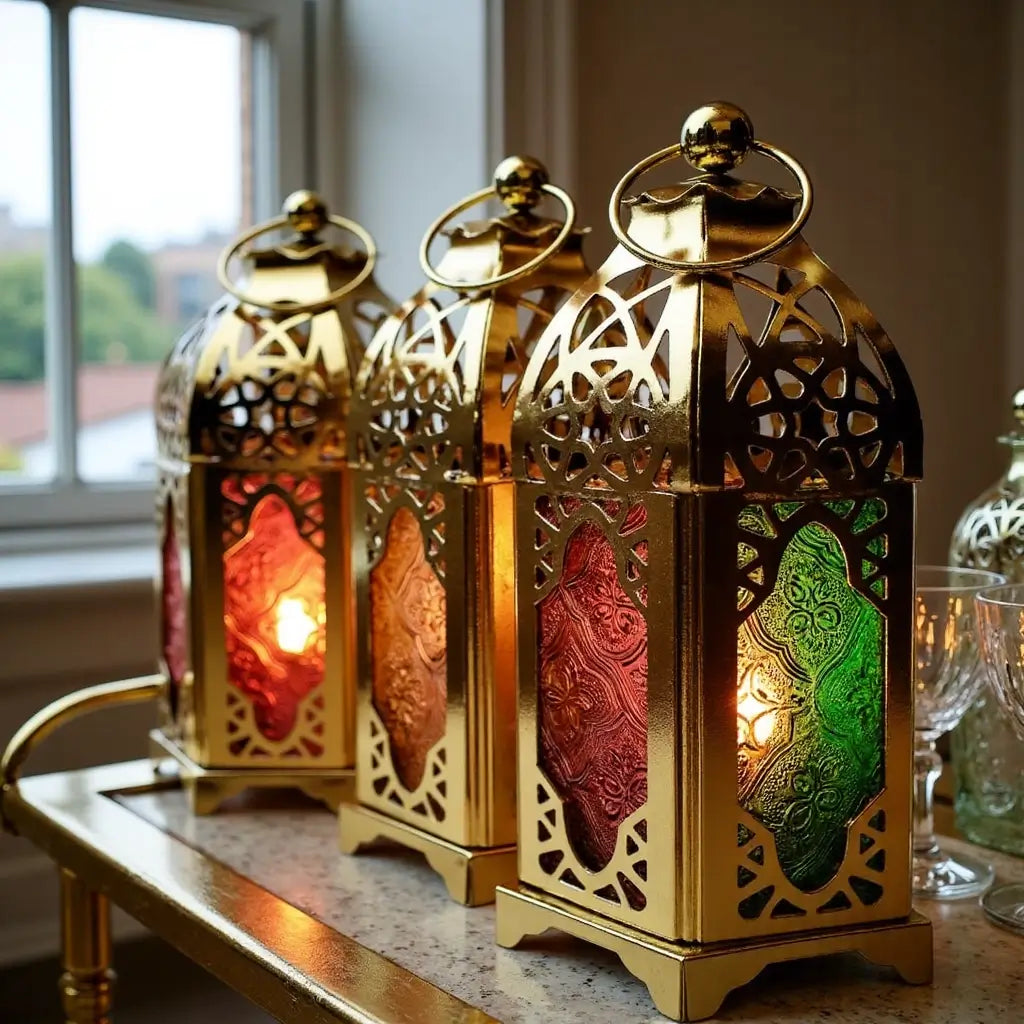 Engraved Brass Lantern Candle Holders – Set of 3 with Jewel-Tone Glass image 7
