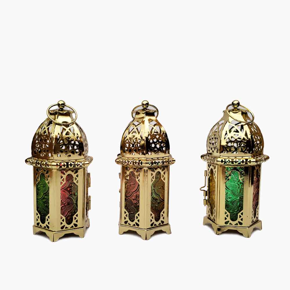 Engraved Brass Lantern Candle Holders – Set of 3 with Jewel-Tone Glass image 10