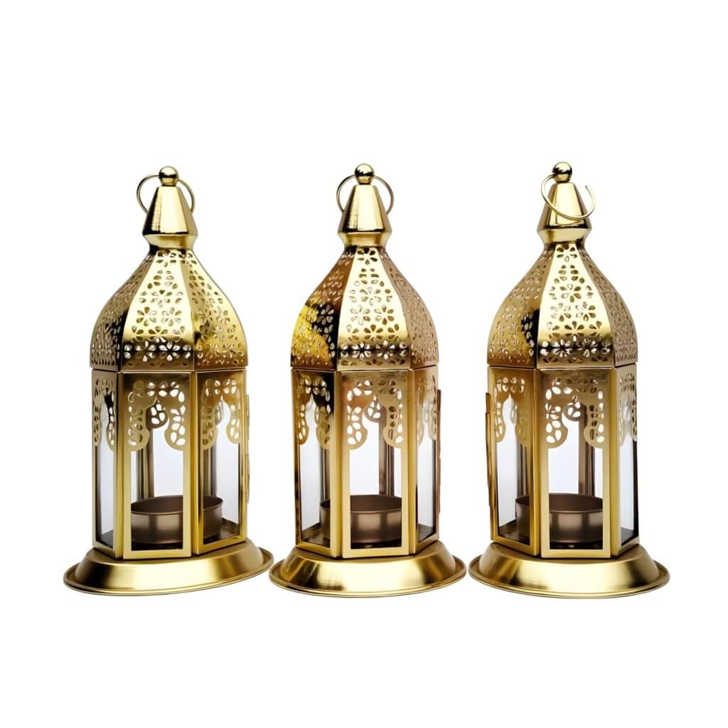 Set of 3 Engraved Brass Candle Lanterns with Transparent Glass Panels image