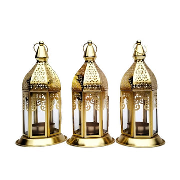 Set of 3 Engraved Brass Candle Lanterns with Transparent Glass Panels image