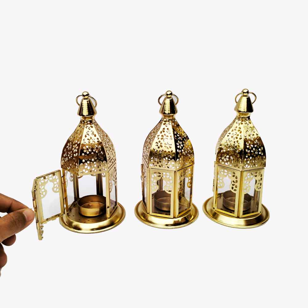 Set of 3 Engraved Brass Candle Lanterns with Transparent Glass Panels image 9