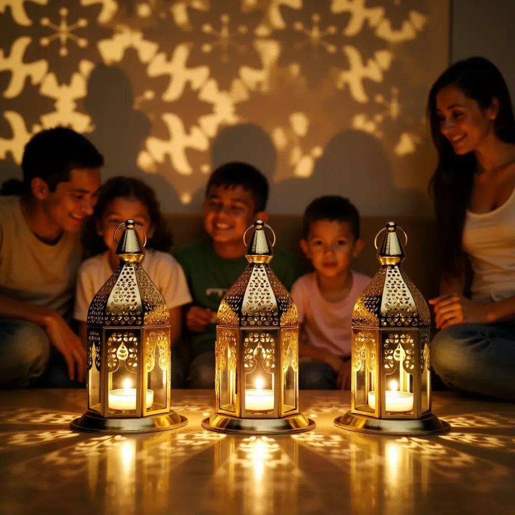 Set of 3 Engraved Brass Candle Lanterns with Transparent Glass Panels image 2