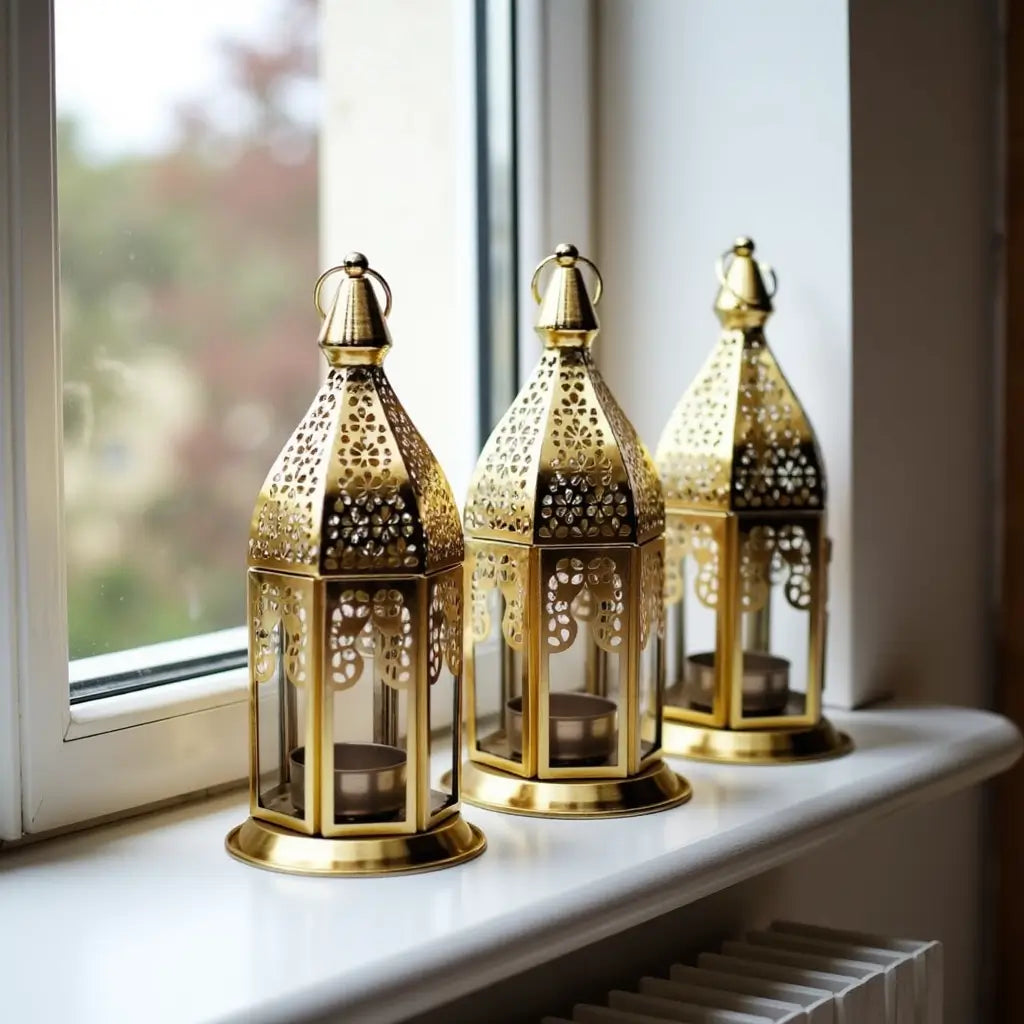 Set of 3 Engraved Brass Candle Lanterns with Transparent Glass Panels image 3