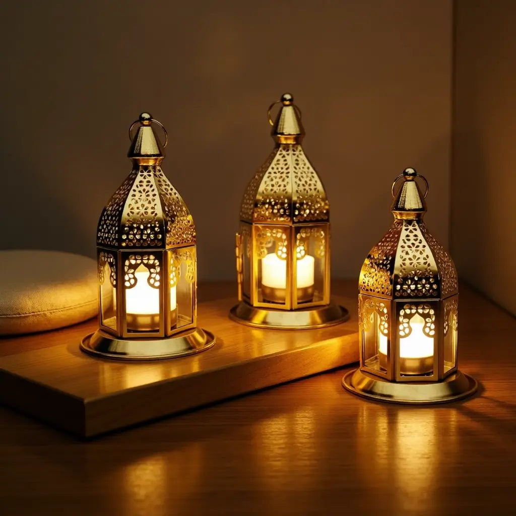 Set of 3 Engraved Brass Candle Lanterns with Transparent Glass Panels image 4