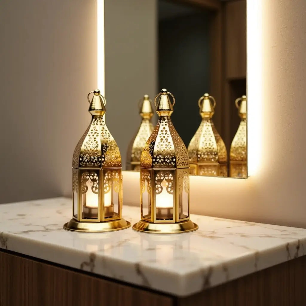 Set of 3 Engraved Brass Candle Lanterns with Transparent Glass Panels image 5
