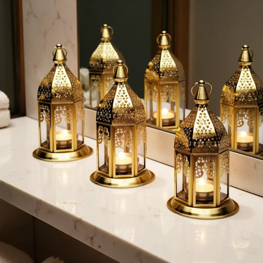 Set of 3 Engraved Brass Candle Lanterns with Transparent Glass Panels image 6