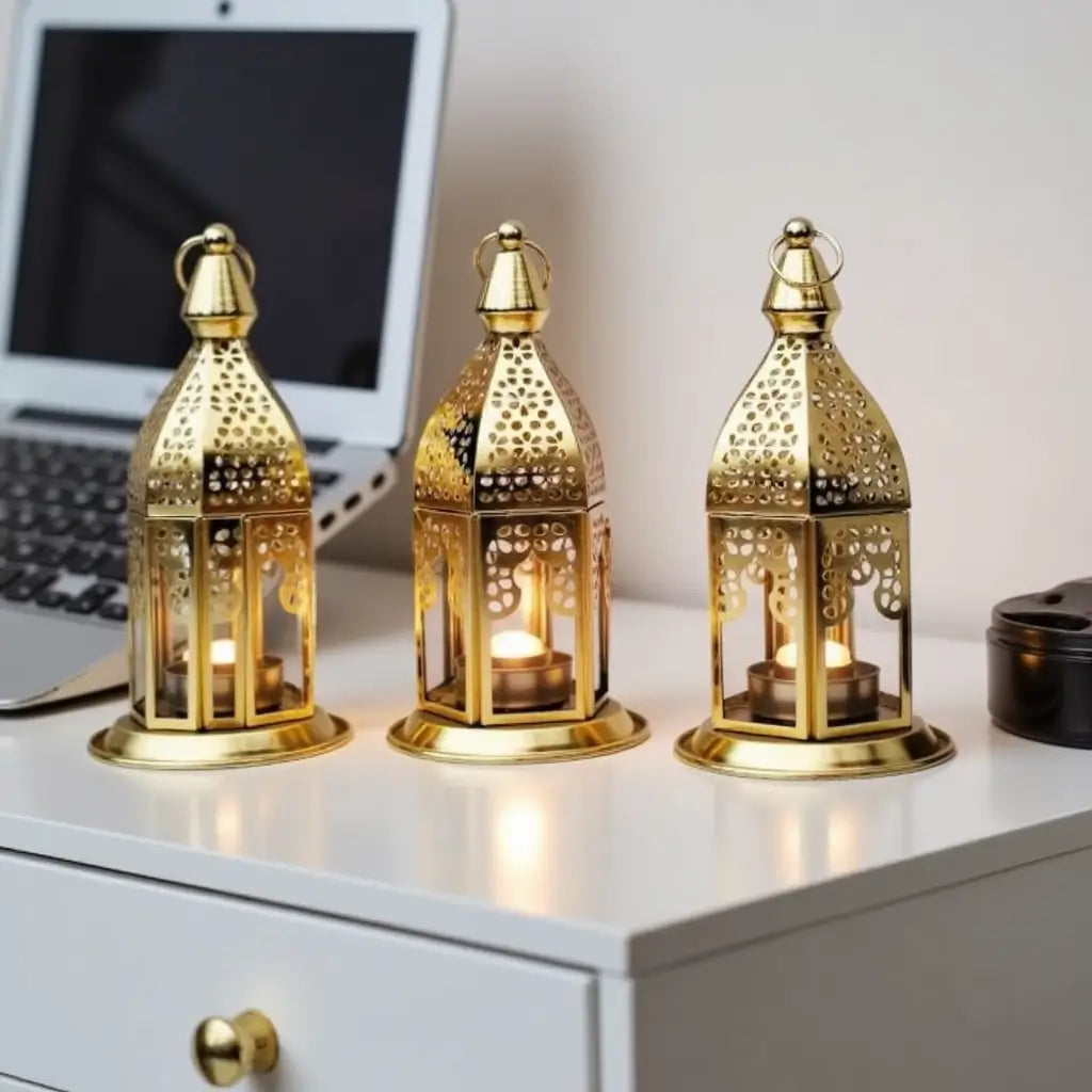 Set of 3 Engraved Brass Candle Lanterns with Transparent Glass Panels image 7