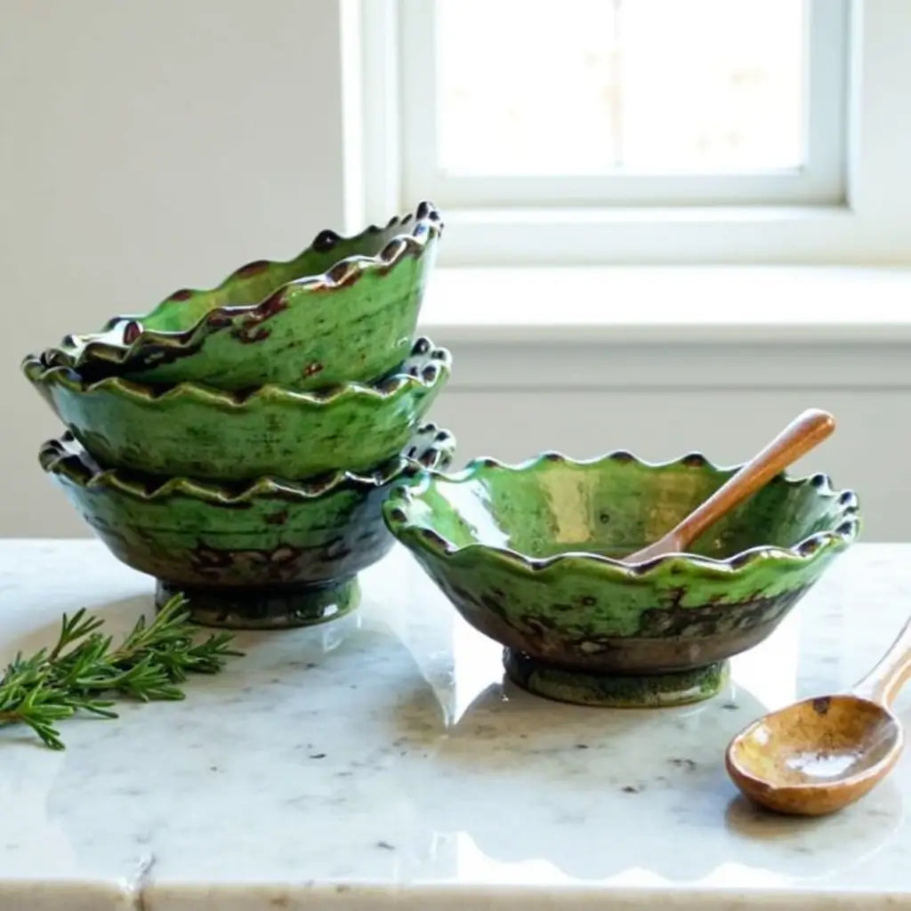 Set of 3 Tamegroute Green Ceramic Bowls – Handcrafted Ruffled Edge Serving Di… image 2