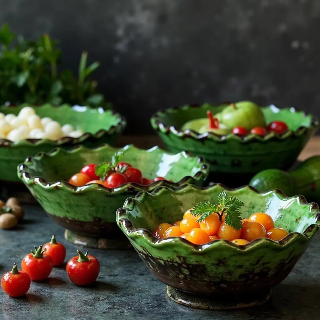 Set of 3 Tamegroute Green Ceramic Bowls – Handcrafted Ruffled Edge Serving Di… image 10