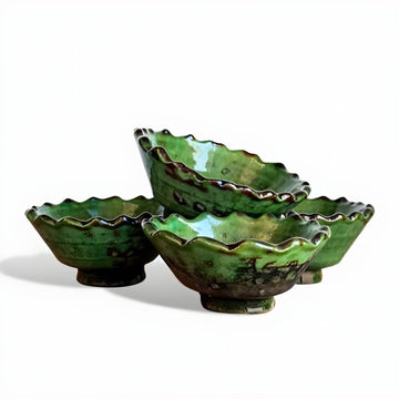 Set of 3 Tamegroute Green Ceramic Bowls – Handcrafted Ruffled Edge Serving Di… image
