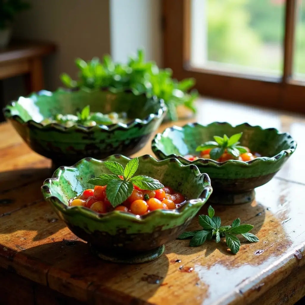 Set of 3 Tamegroute Green Ceramic Bowls – Handcrafted Ruffled Edge Serving Di… image 7